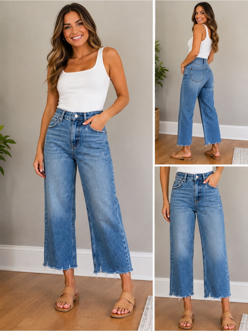 High-Rise Wide Leg Crop Jeans in Medium Blue